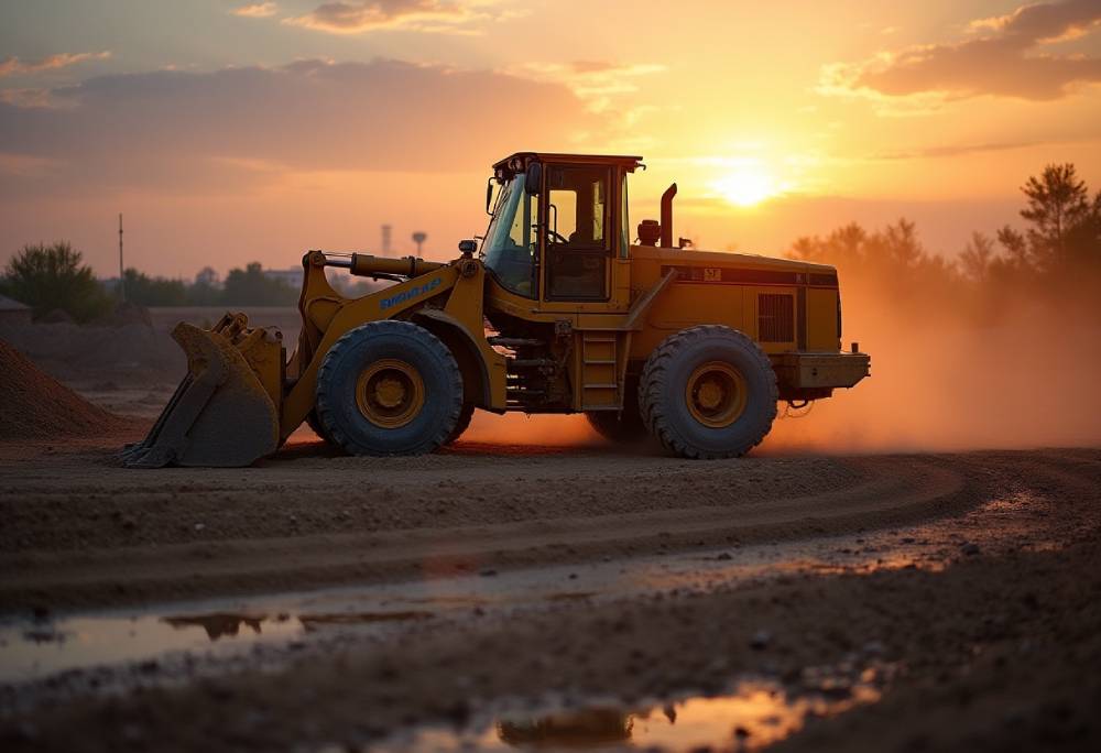 Bulldozer performing dirt work at construction site during sunset